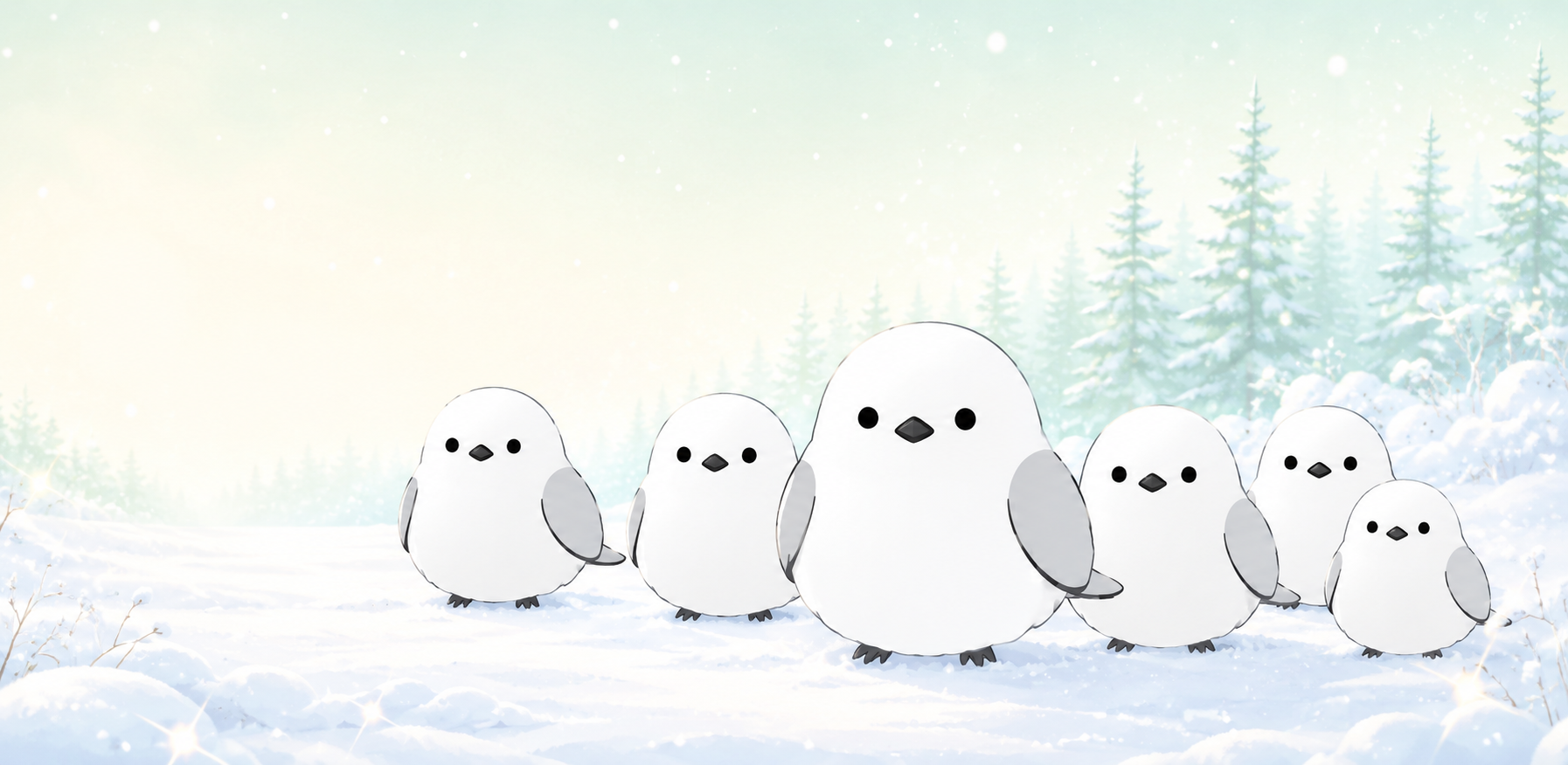 雪原に並ぶ 6 羽のシマエナガ