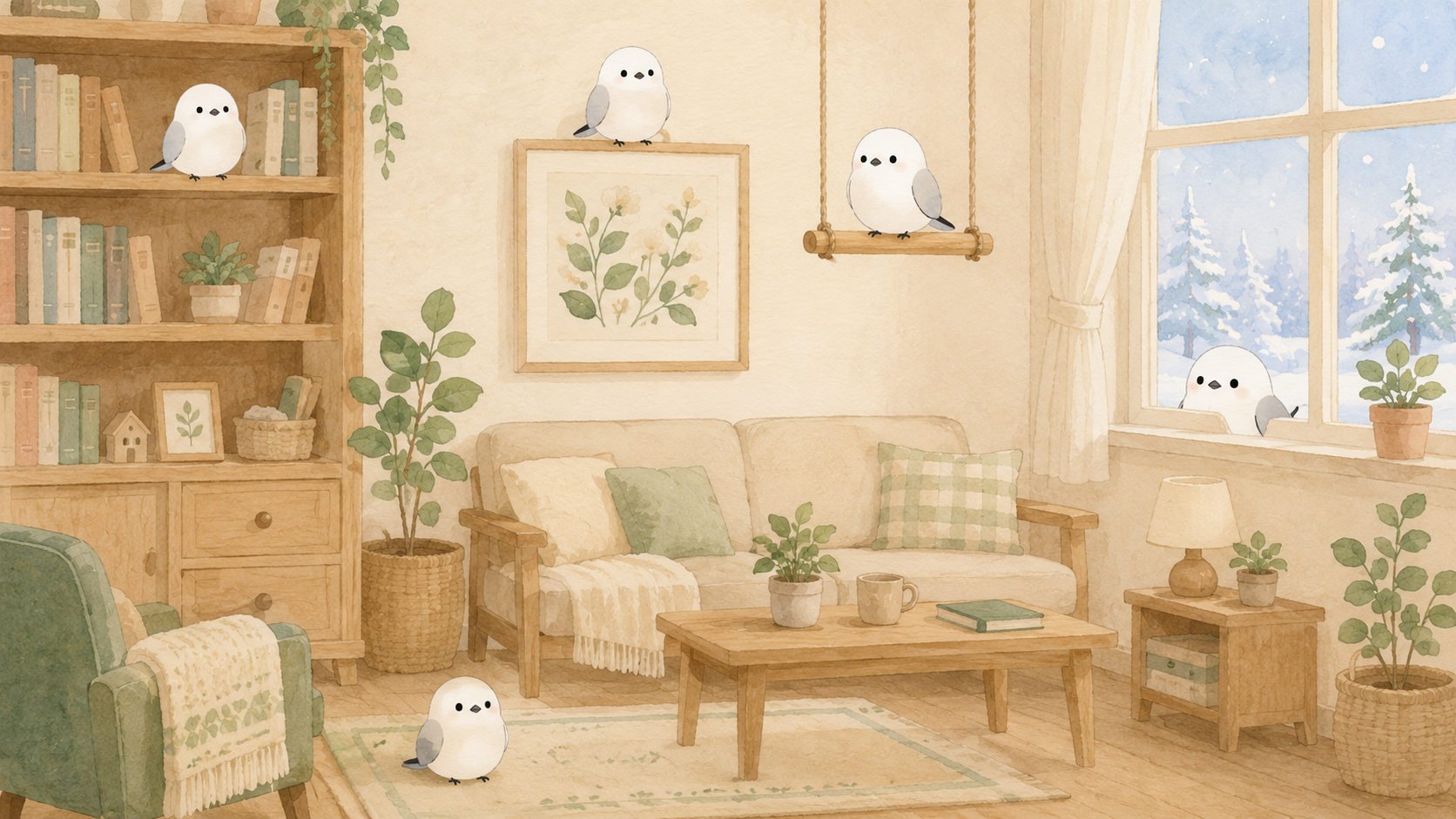 北欧テイストの部屋に集まるシマエナガたち