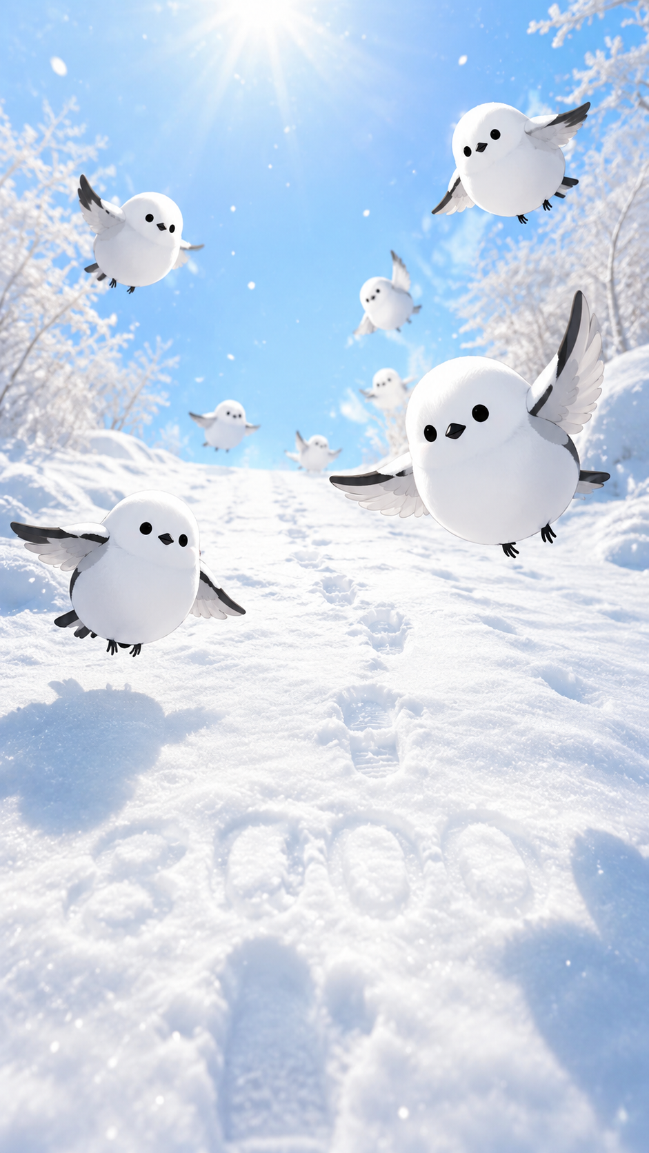 雪原に集まるシマエナガたち