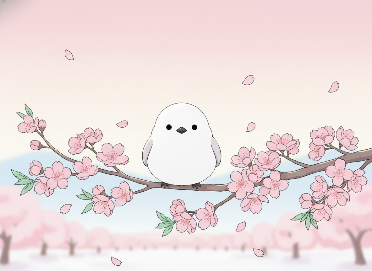 春のシマエナガの世界 — 桜の枝にシマエナガ