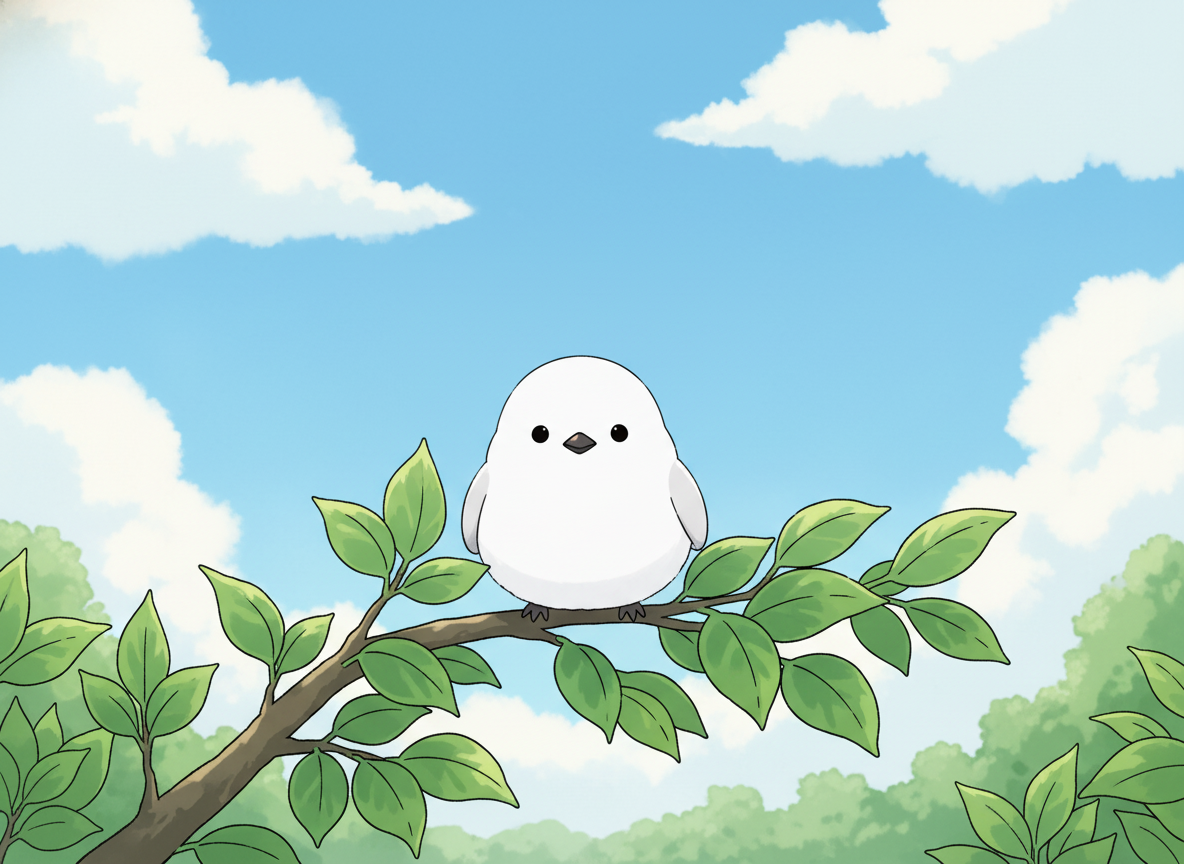 夏のシマエナガの世界 — 青葉と入道雲の中